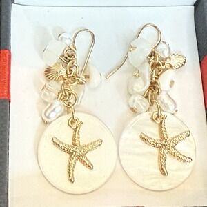 Starfish‎ White Shell Gold Tone Dangle Earrings Hook Back with Box